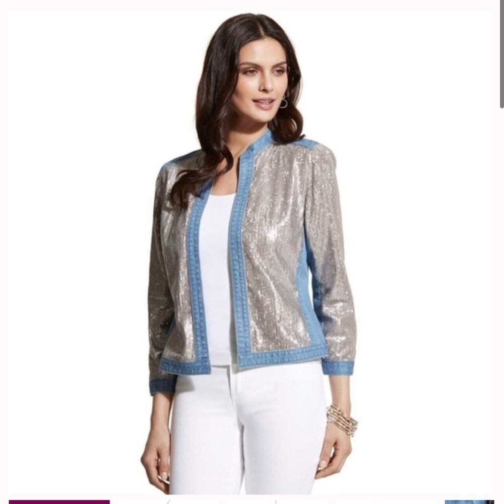 Chico’s Denim and Sequin Embellished Washed Denim Medium Blue Wash Jacket Small